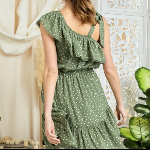 Davi Dana polka dot green one shoulder sleeveless mini dress with lace trim - Picture 4 of 10